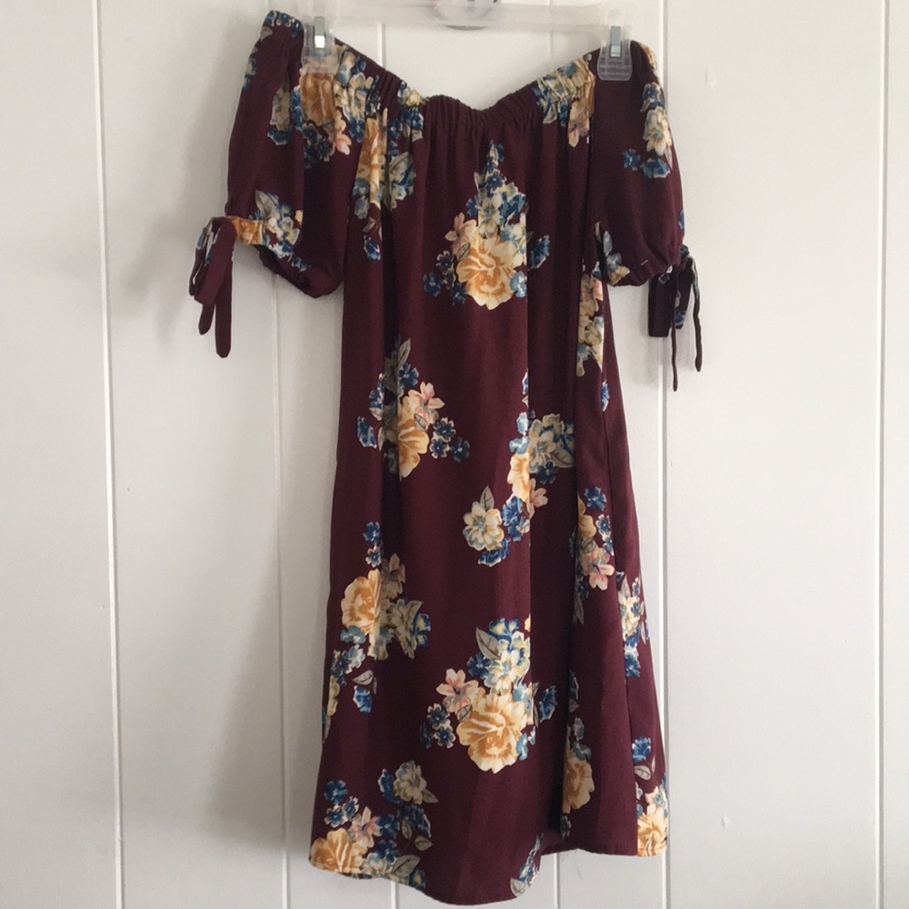 Burgundy and floral summer off the shoulder dress